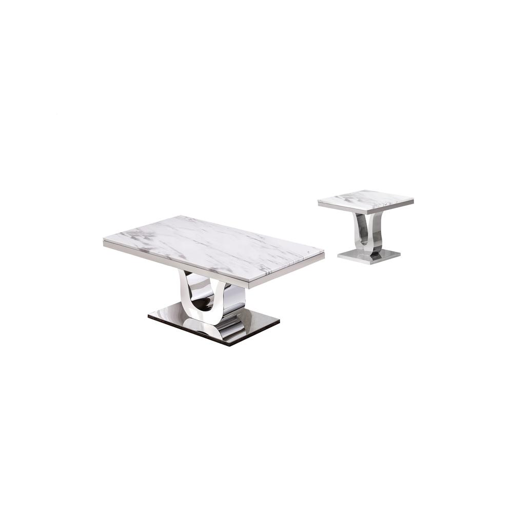 White Marble Coffee Table Set: Coffee Table, End Table w/Stainless Steel U-Base