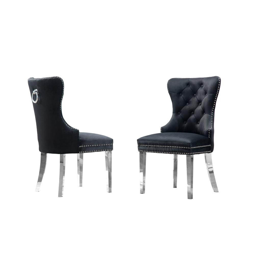 White Marble 5pc Set Tufted Wingback Chairs in Black Velvet