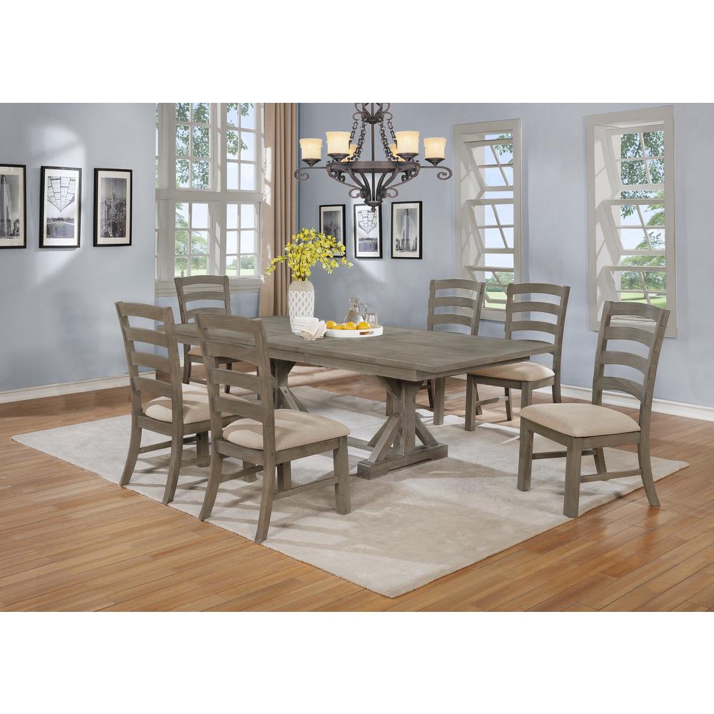 7 Piece Dining Set Extendable w/18"Center Leaf Extension & 6 Ladder-Back Chairs in Beige Linen