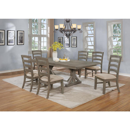 7 Piece Dining Set Extendable w/18"Center Leaf Extension & 6 Ladder-Back Chairs in Beige Linen