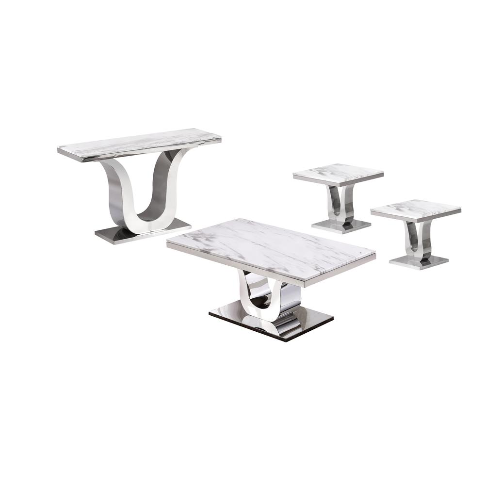 White Marble Coffee Table Set: Coffee Table, 2 End Tables, Console Table w/Stainless Steel U-Base