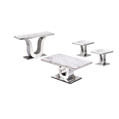 White Marble Coffee Table Set: Coffee Table, 2 End Tables, Console Table w/Stainless Steel U-Base