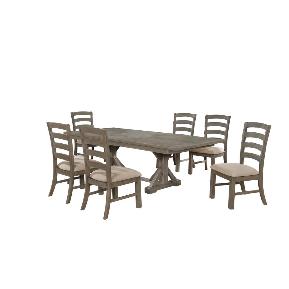 7 Piece Dining Set Extendable w/18"Center Leaf Extension & 6 Ladder-Back Chairs in Beige Linen