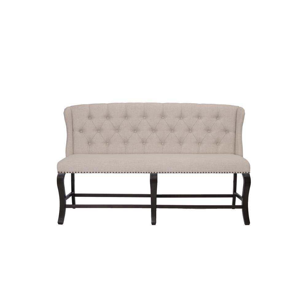 Counter Height Upholstered Bench with Backrest, Tufted Buttons, and Nailhead Trim. Beige