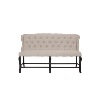 Counter Height Upholstered Bench with Backrest, Tufted Buttons, and Nailhead Trim. Beige