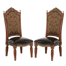 Classic Chestnut Dining Side Chairs with Leather & Jacquard Upholstery, Set of 2