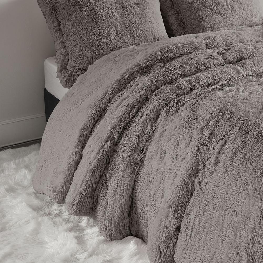 Malea Shaggy Fur Duvet Cover Set, Grey color