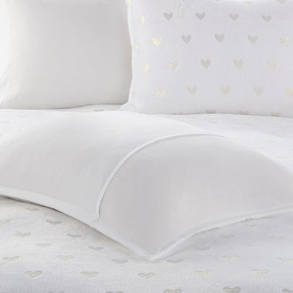Metallic Printed Plush Comforter Set with Throw Pillow in White/Gold Color
