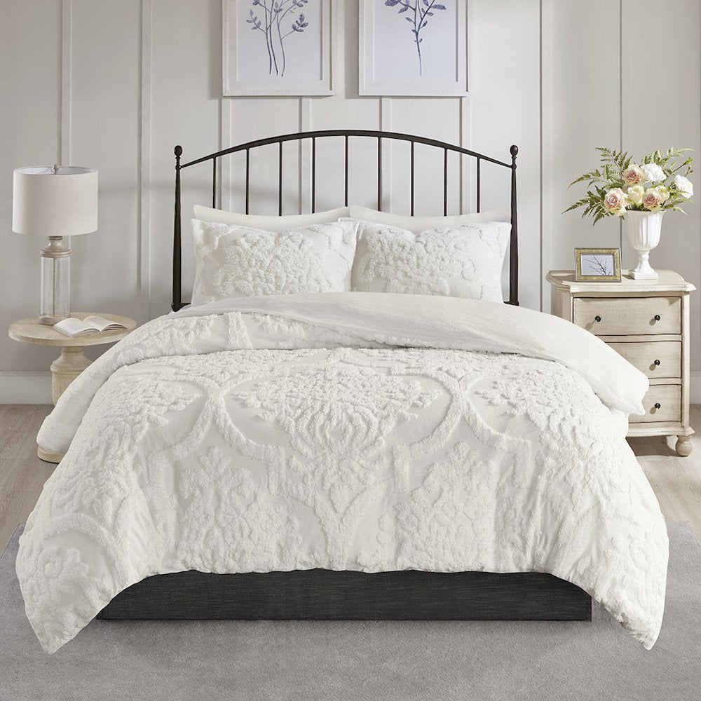 Viola 3 Piece Tufted Cotton Chenille Damask Duvet Cover Set