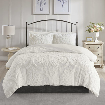 Viola 3 Piece Tufted Cotton Chenille Damask Duvet Cover Set
