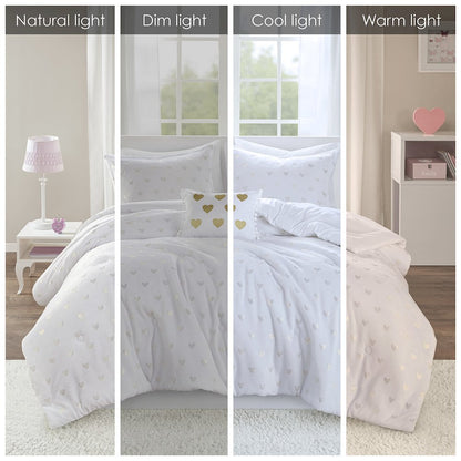 Metallic Printed Plush Comforter Set with Throw Pillow in White/Gold Color