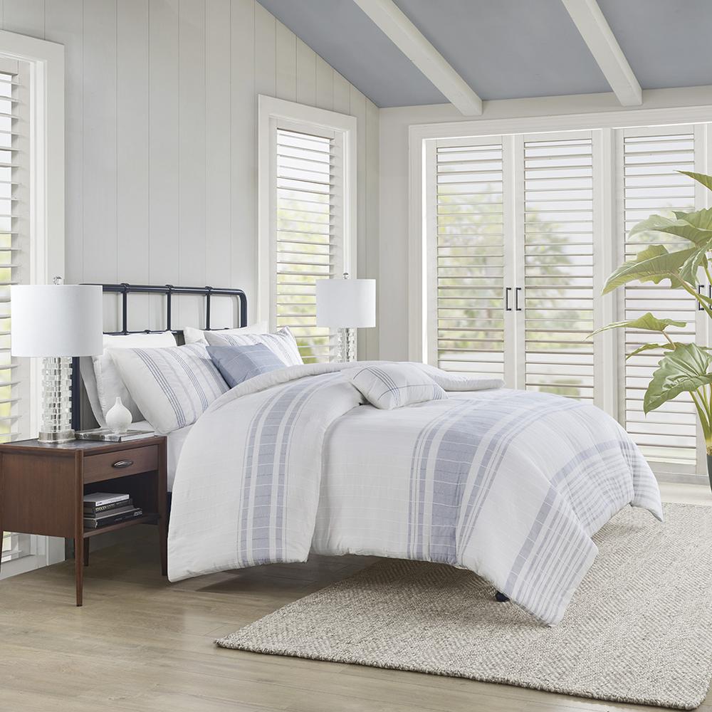 Morgan 5 Piece Cotton Jaquard Duvet Set, White/Blue color