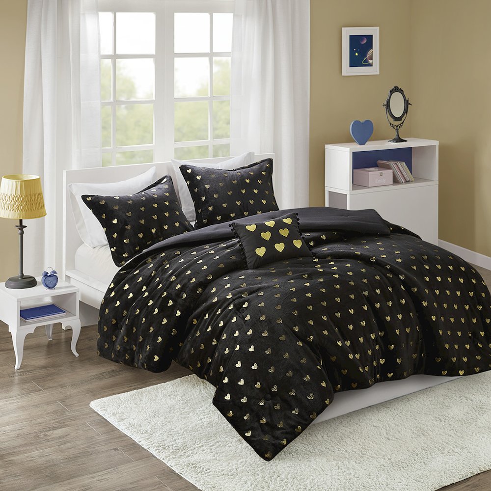 Printed Plush Comforter Set with Throw Pillow in Black/Gold Color