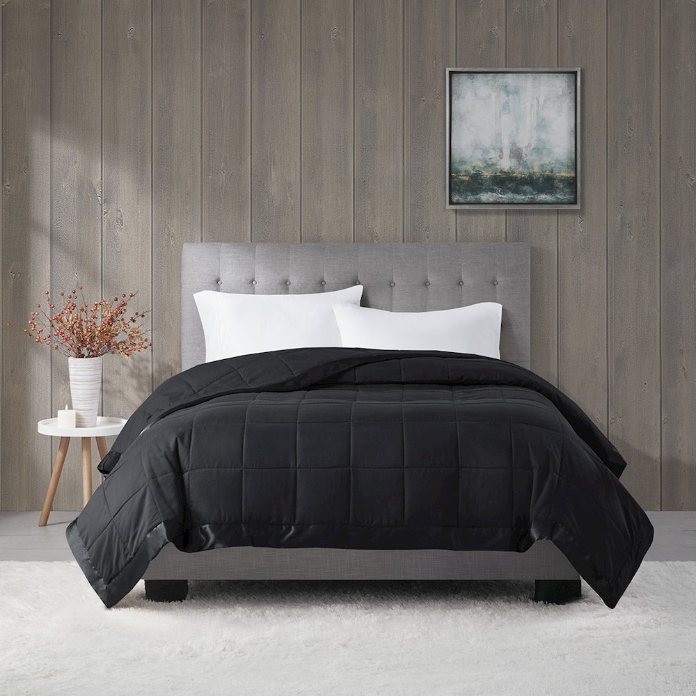 Windom Lightweight Down Alternative Blanket with Satin Trim in Black