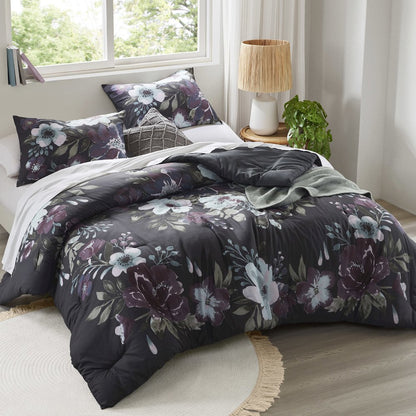 Jolene 3 Piece Cotton Printed Comforter Set, Dark Grey/Plum color