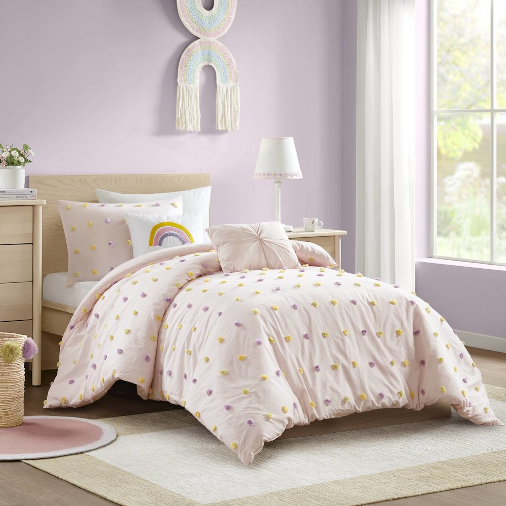 Callie Cotton Jacquard Pom Pom Comforter Set, Pink Multi color