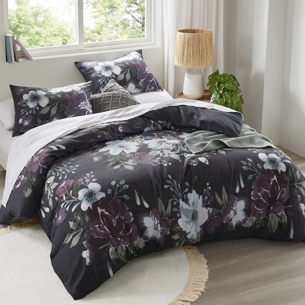 Jolene 3 Piece Cotton Duvet Cover Set, Dark Grey/Plum color