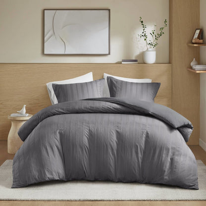 Logan Woven Striped Duvet Set, Charcoal color