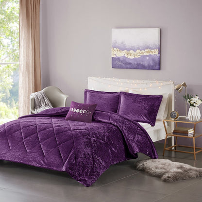 Felicia Velvet Comforter Set with Throw Pillow, Purple color