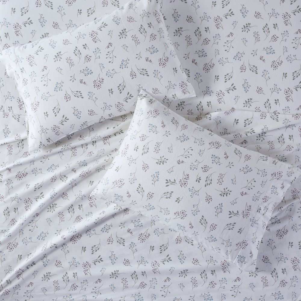 Cozy Flannel 100% Cotton Flannel Printed Sheet Set, White Tossed Botanical color
