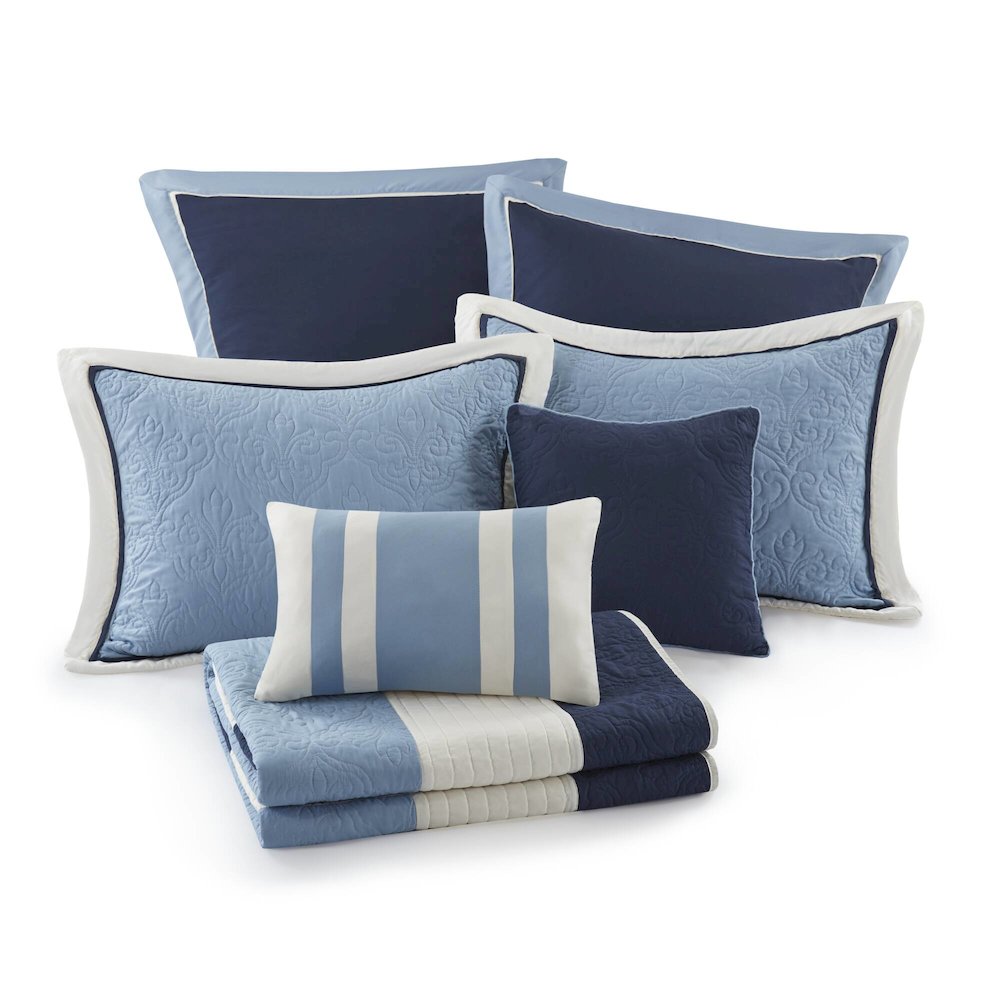 7 Piece Quilt Set with Euro Shams and Throw Pillows