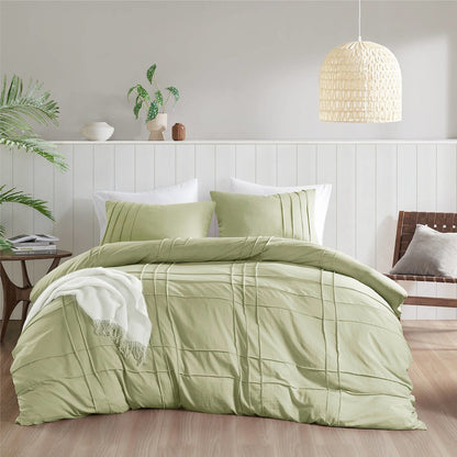 Porter Soft Washed Pleated Duvet Cover Set, Sage color