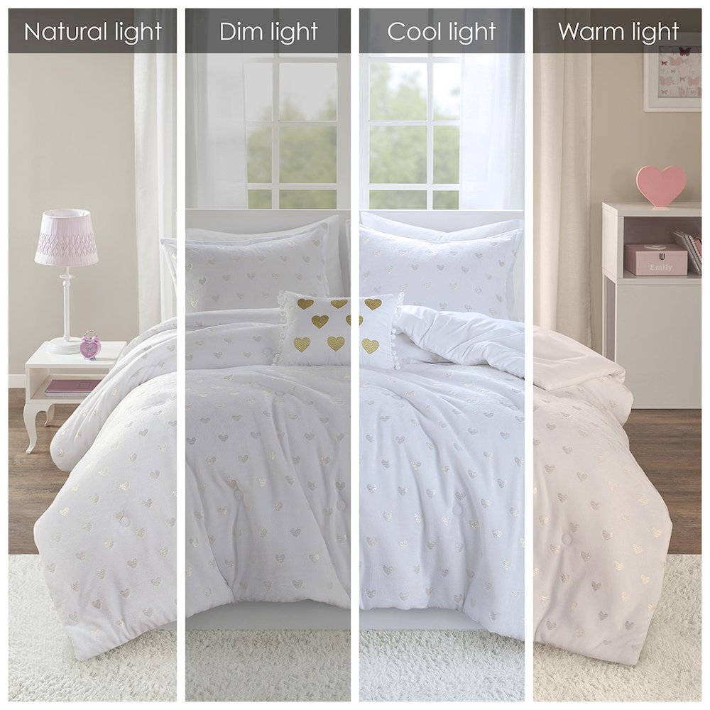 Metallic Printed Plush Comforter Set with Throw Pillow in White/Gold Color