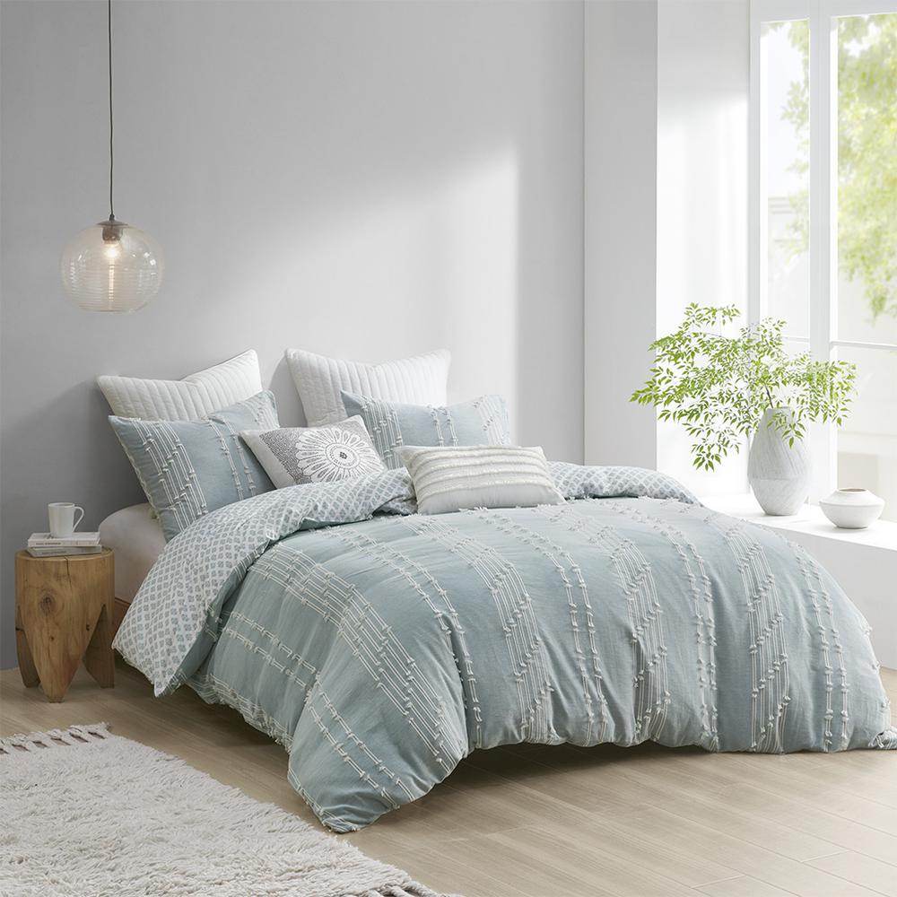 Kara 3 Piece Cotton Jacquard Duvet Cover Set, Aqua color