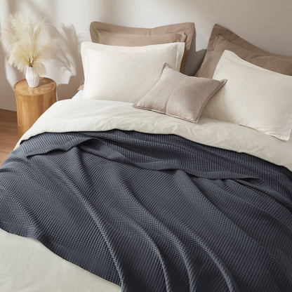 Waffle Weave Cotton Blanket, Dark Grey color