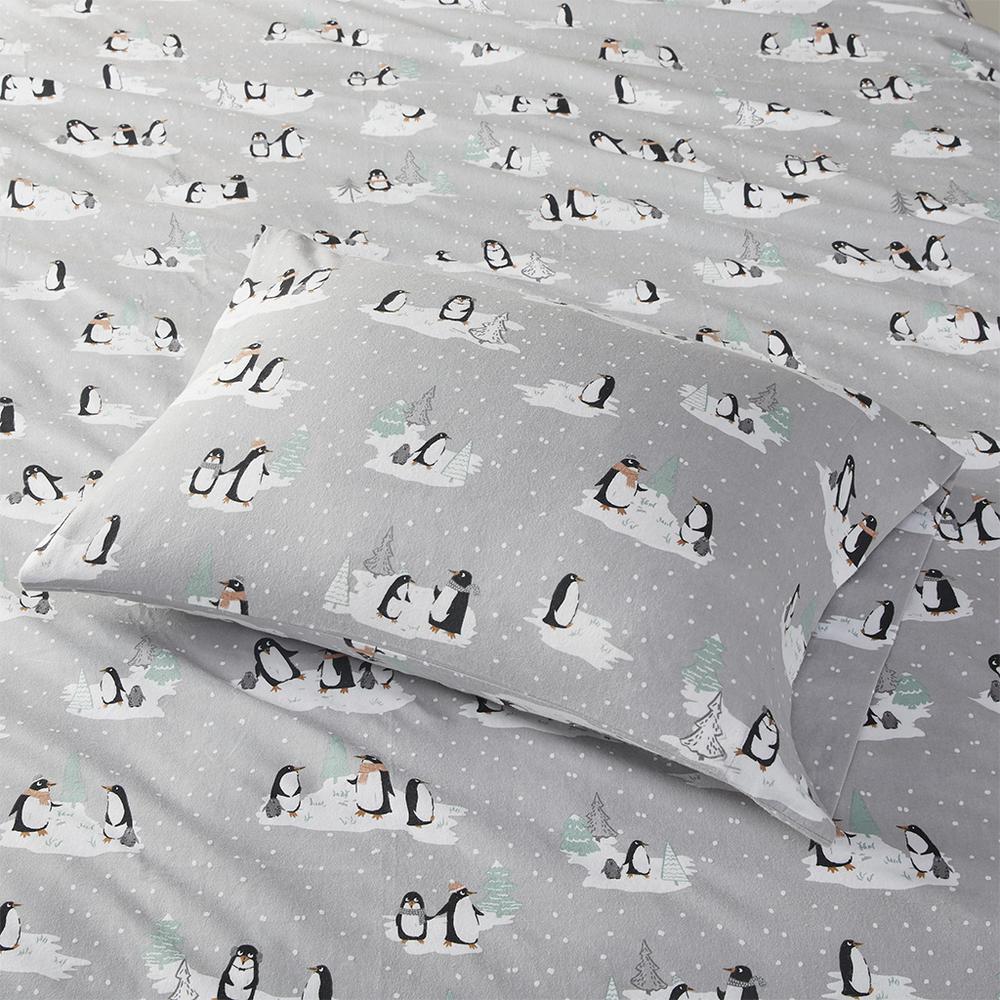 Cozy Flannel Printed Sheet Set, Grey Penguins color