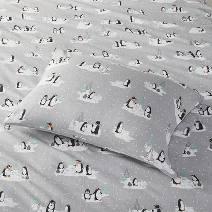 Cozy Flannel Printed Sheet Set, Grey Penguins color