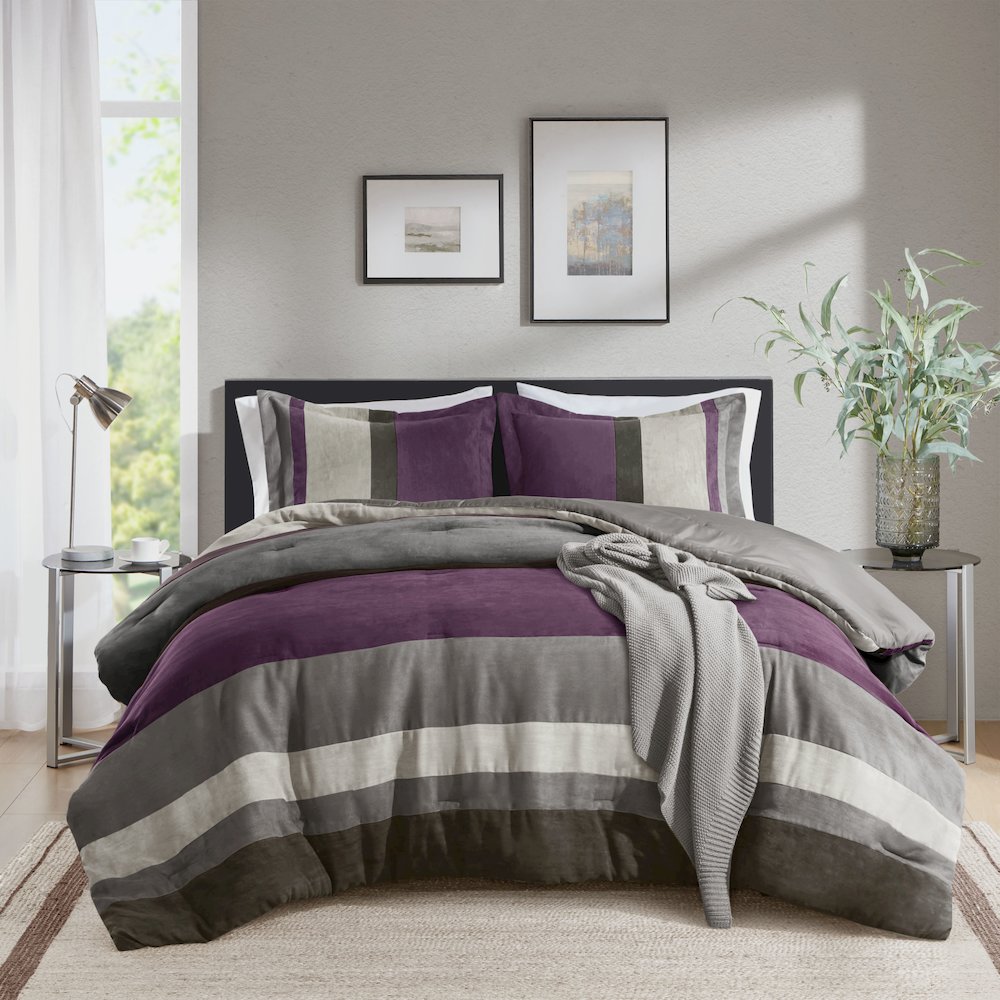 Boulder Stripe Pieced Faux Suede Comforter Set, Purple color