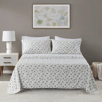 Cozy Flannel 100% Cotton Flannel Printed Sheet Set, Black Snowflakes color