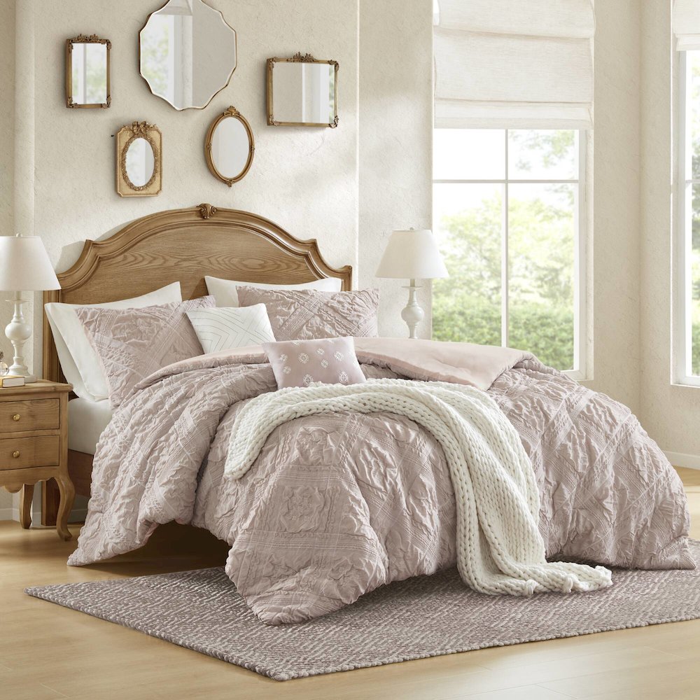 Mona 5 Piece Sculpted jacquard comforter set, Pink color