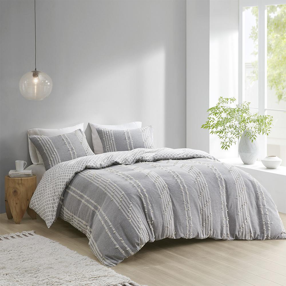 Kara 3 Piece Cotton Jacquard Duvet Cover Set, Gray color
