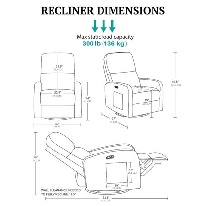 Dakota Power Recliner 3-in-1 with Swivel, Glider, Charging Station
