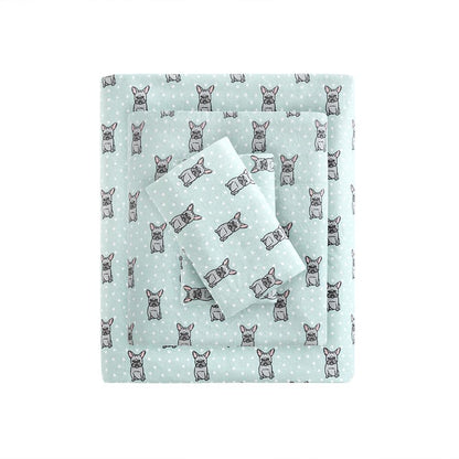 Cozy Flannel Printed Sheet Set, Aqua French Bulldog color