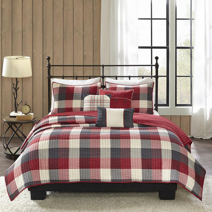 6 Piece Printed Herringbone Quilt Set with Throw Pillows