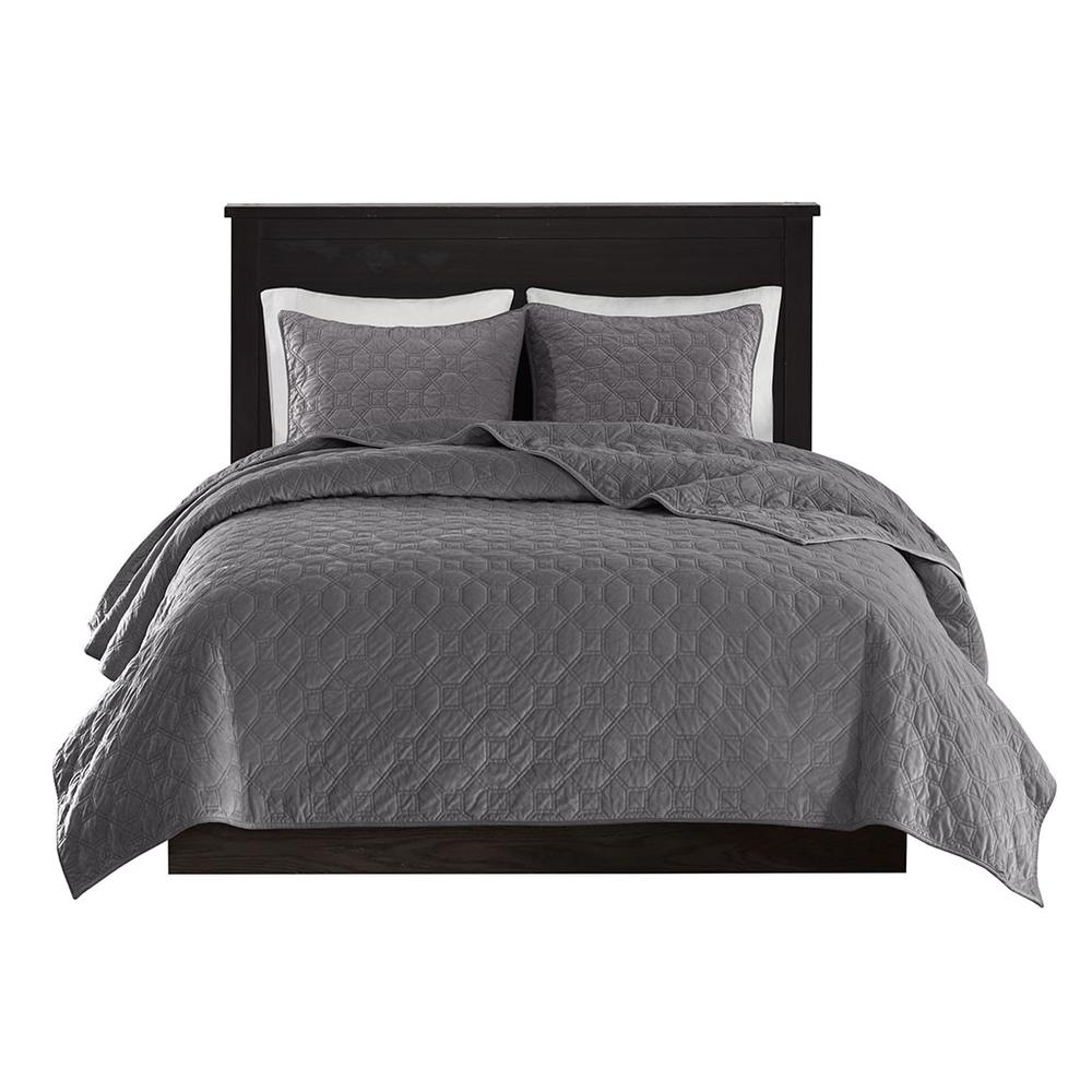 Harper 3 Piece Velvet Quilt Set, Grey color