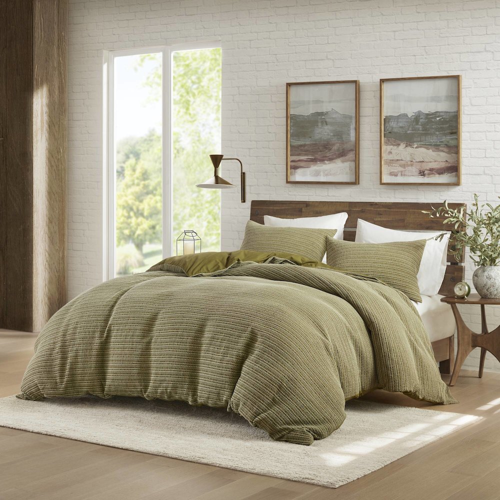 Lyon Waffle Washed Duvet Set, Green color