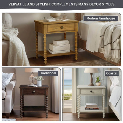 Beckett Turned Wood Spindle Nightstand with Drawer & Shelf