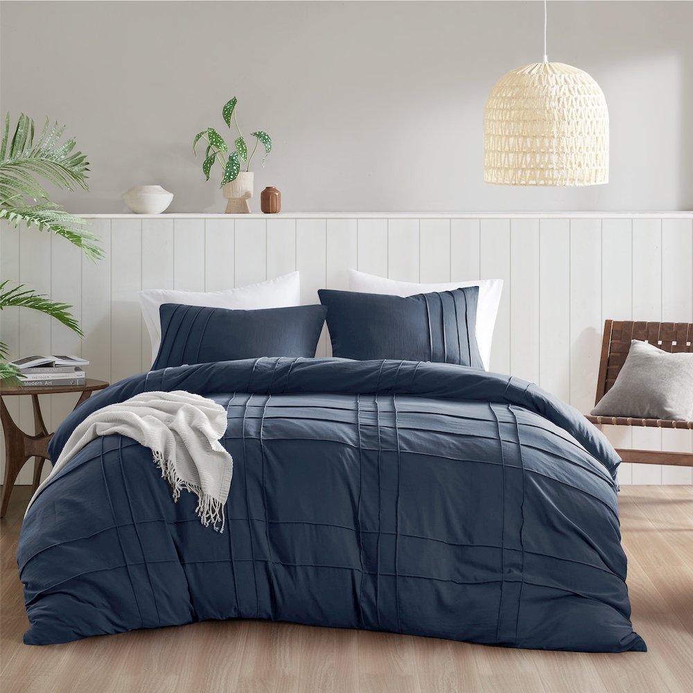 Porter Soft Washed Pleated Duvet Cover Set, Navy color