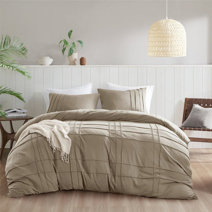 Porter Soft Washed Pleated Duvet Cover Set, Khaki color
