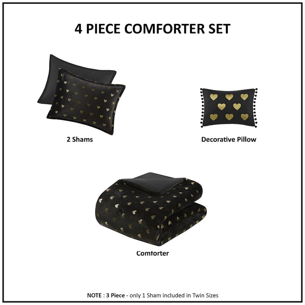 Metallic Printed Plush Comforter Set with Throw Pillow in Black/Gold Color
