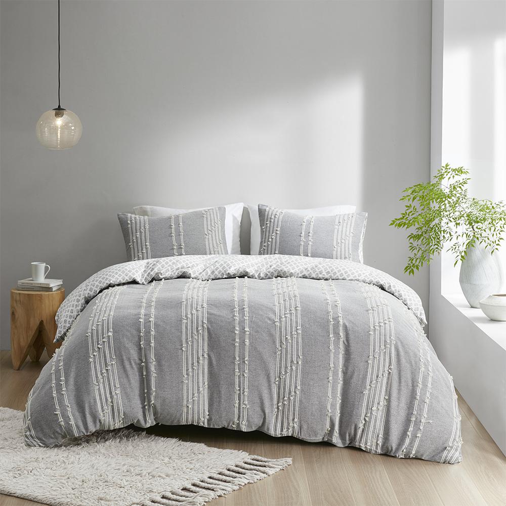 Kara 3 Piece Cotton Jacquard Duvet Cover Set, Gray color