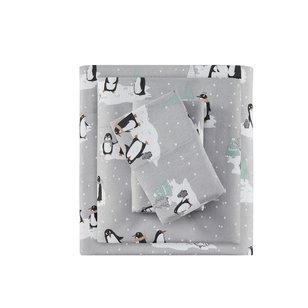 Cozy Flannel Printed Sheet Set, Grey Penguins color