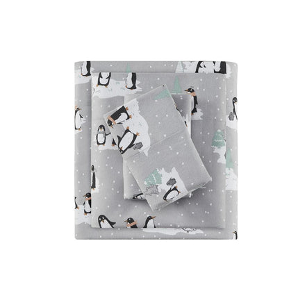 Cozy Flannel Printed Sheet Set, Grey Penguins color