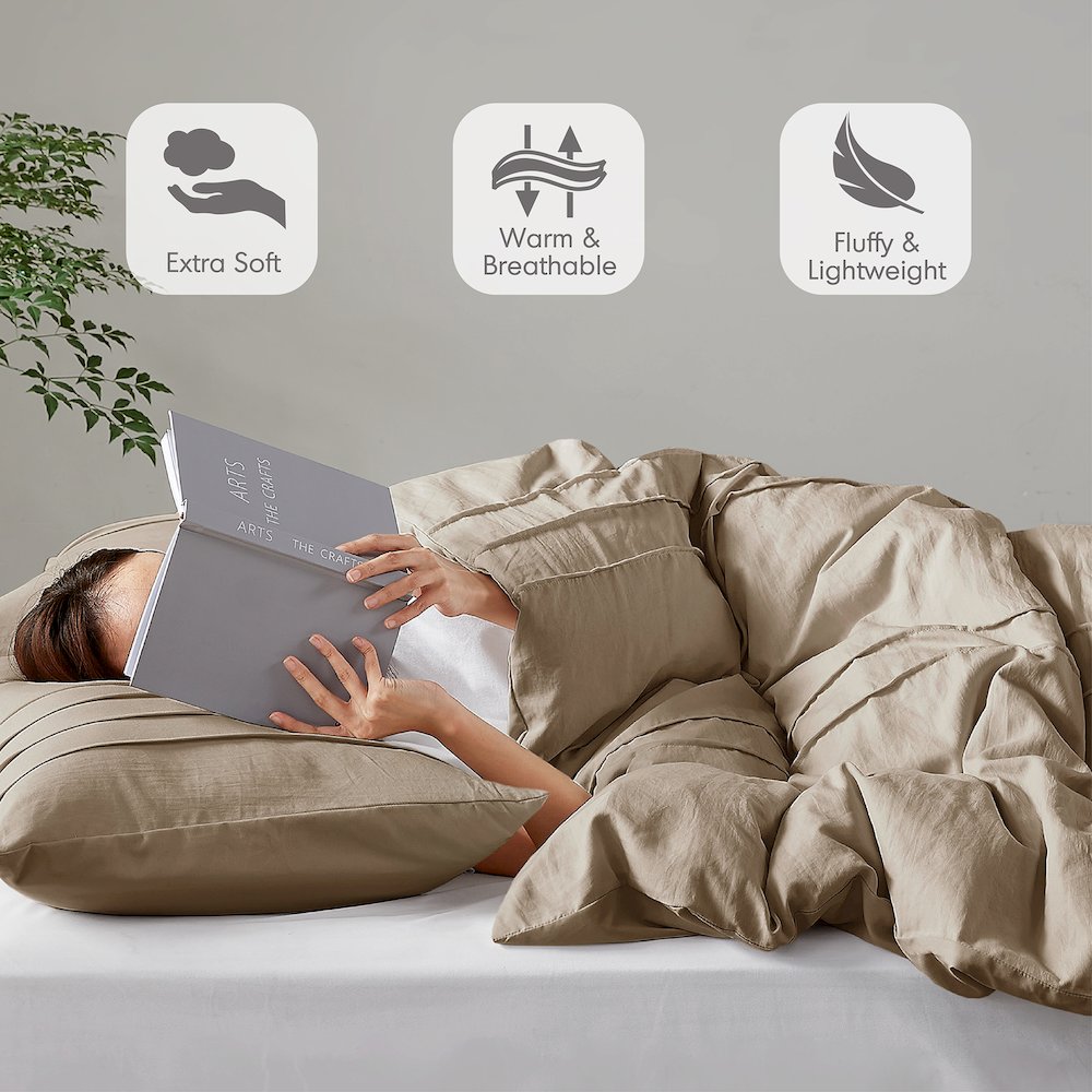 Porter Soft Washed Pleated Duvet Cover Set, Khaki color