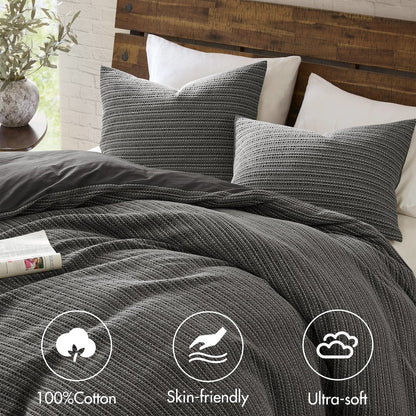Lyon Waffle Washed Duvet Set, Charcoal color