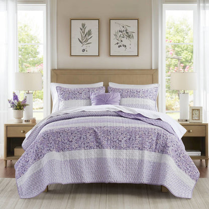 Caralie 4 Piece Seersucker Quilt Set with Throw, Purple color